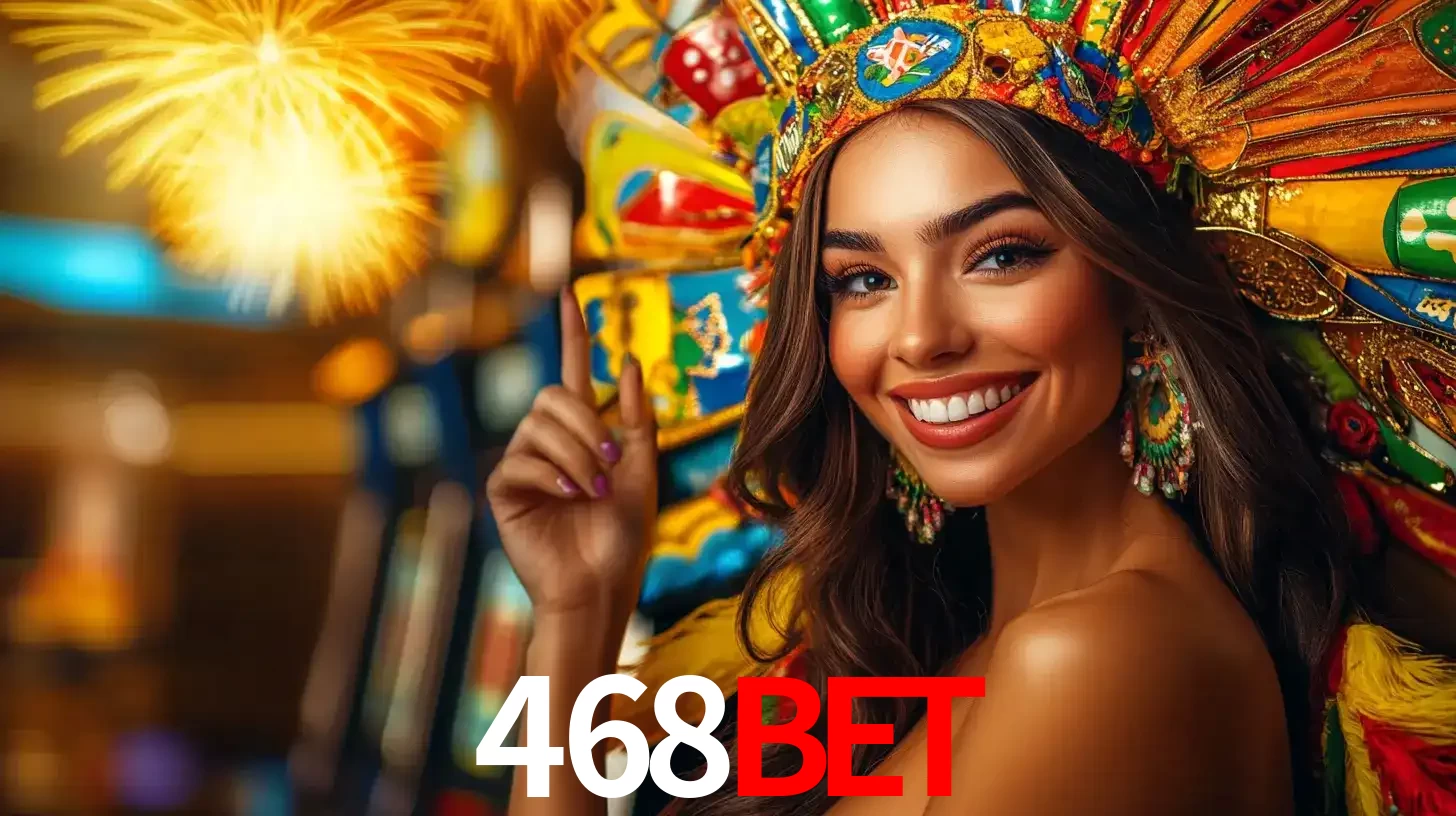 Mulher sorridente com um cocar de carnaval vibrante e colorido, celebrando uma grande vitória nos jogos do cassino 468BET com fogos de artifício ao fundo.