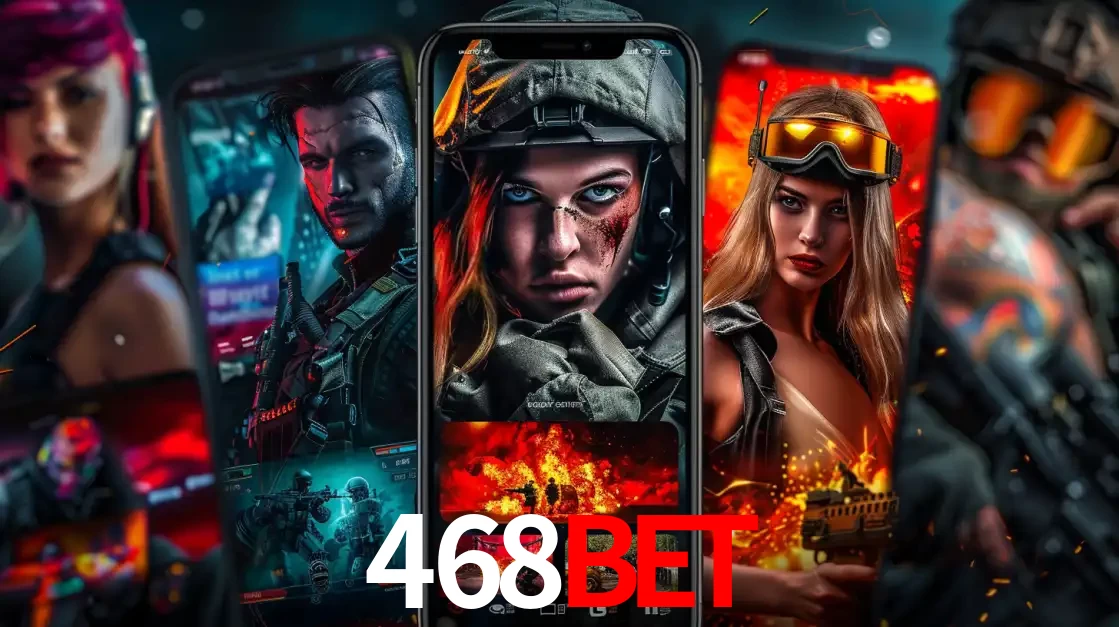 Montagem de telas de celular mostrando diversos personagens, masculinos e femininos, de um jogo de tiro, ilustrando a diversidade de equipes de e-sports para apostar no 468BET.