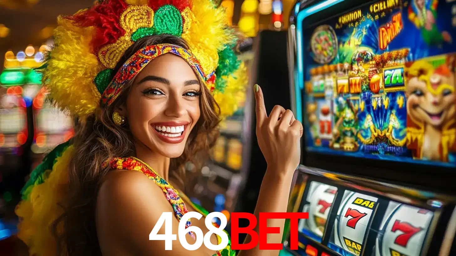 Mulher animada com um cocar de carnaval apontando para uma máquina de caça-níqueis, mostrando a emoção de ganhar um grande prêmio nos jogos do 468BET.