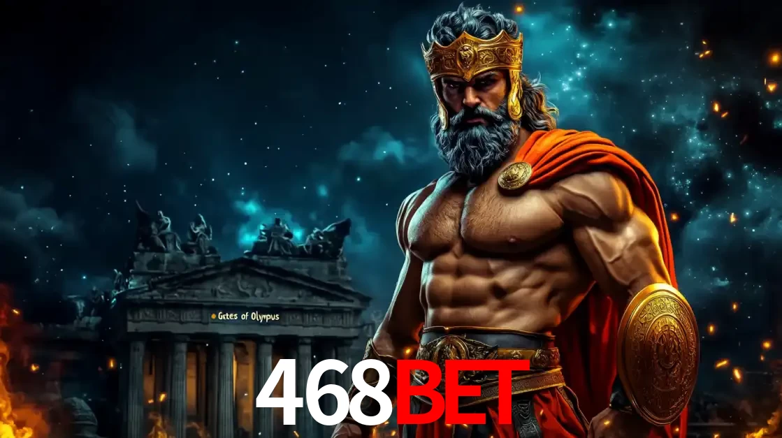 O poderoso Zeus do jogo de slot Gates of Olympus em frente ao seu templo, pronto para lançar multiplicadores divinos e prêmios épicos no cassino online 468BET.