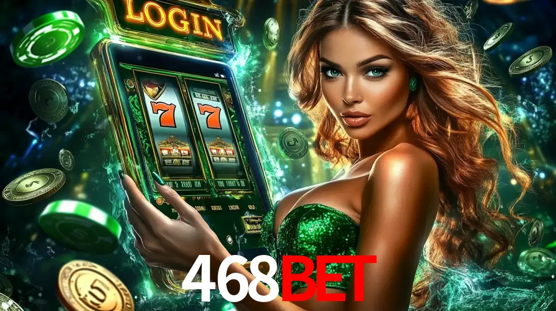 Mulher com tema verde apresentando o aplicativo do cassino 468BET com um jogo de slot de 777, cercada por fichas de cassino e uma aura de sorte.