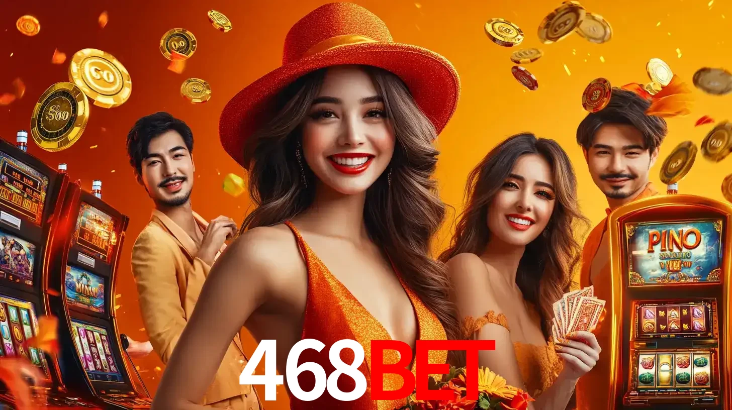 Grupo de amigos asiáticos sorrindo e se divertindo com máquinas de caça-níqueis em um ambiente festivo, celebrando suas vitórias nos jogos de cassino do 468BET.