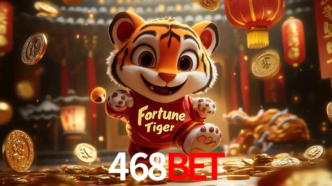 O alegre personagem do Fortune Tiger correndo sobre um caminho de moedas de ouro, simbolizando os grandes prêmios e a diversão do popular jogo de slot do 468BET.