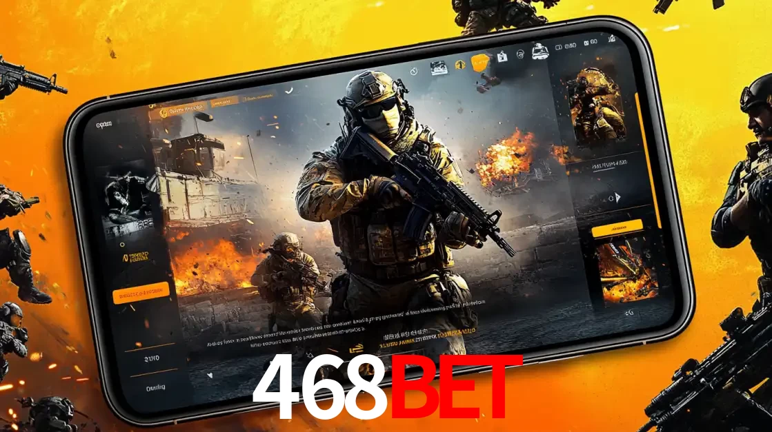 Um smartphone exibindo a interface de um jogo de tiro em primeira pessoa, com um soldado em um cenário de batalha, representando a ação dos e-sports para apostar no 468BET.