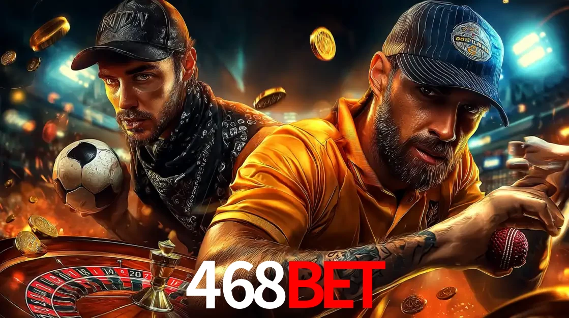 Montagem de apostas esportivas e cassino no 468BET, com um homem segurando uma bola de futebol e outro uma de beisebol sobre uma roleta e moedas voadoras.