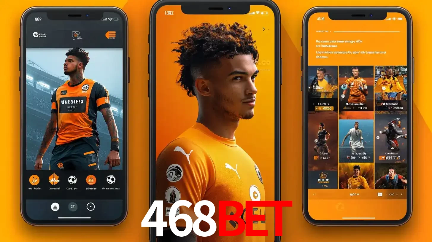 Interface do aplicativo de apostas esportivas 468BET em três telas de celular, mostrando o perfil de um jogador de futebol e a lista de jogos disponíveis para apostar.