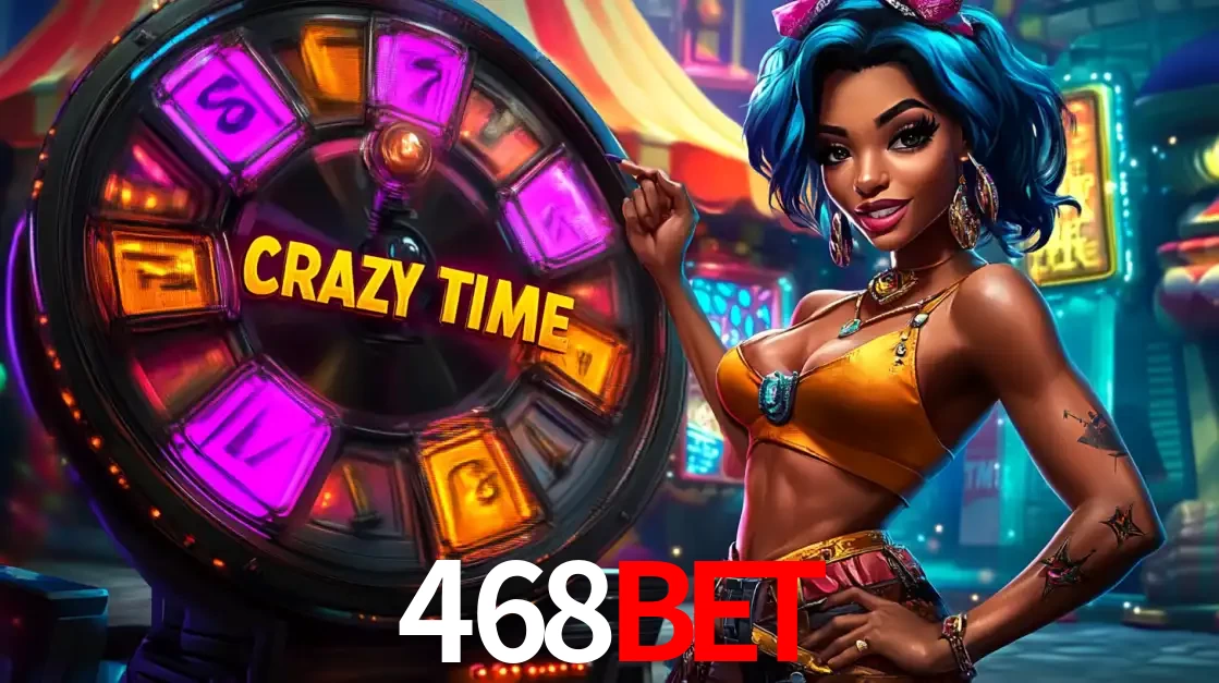 Mulher estilizada com cabelo azul e visual vibrante posando ao lado da roda de prêmios do game show Crazy Time, convidando para a diversão e os bônus do cassino 468BET.