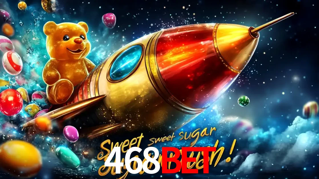 Arte promocional do jogo de slot Sugar Rush, com um urso de pelúcia em um foguete viajando pelo espaço de doces, um dos jogos divertidos disponíveis no cassino 468BET.