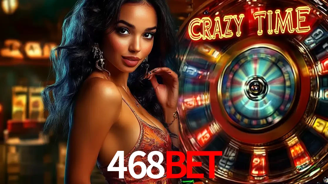 Mulher elegante ao lado da vibrante roda da fortuna do jogo de cassino ao vivo Crazy Time, um dos game shows mais populares e cheios de prêmios do 468BET.