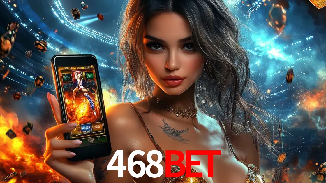 Mulher segurando um celular com um jogo de slot em destaque, tendo como fundo um estádio vibrante, simbolizando a emoção de jogar no cassino móvel 468BET.